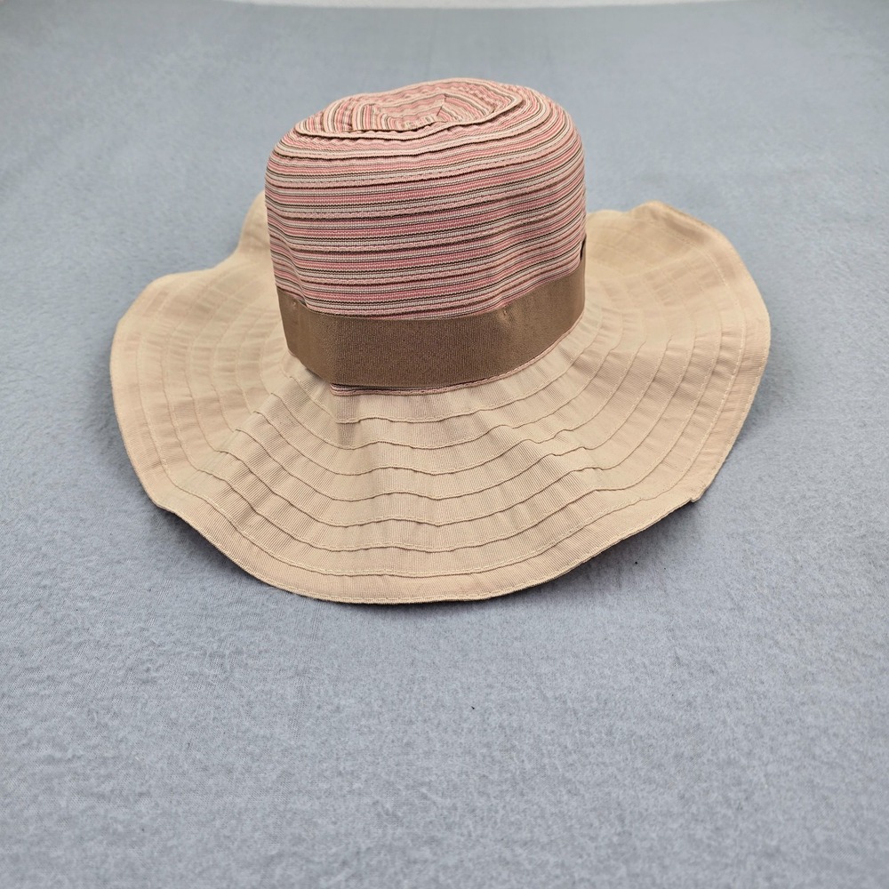 Vintage Sun Hat Womens One Size Crown Brown Striped Wide Brim Bow Boho Beach